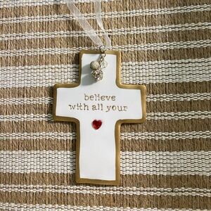 Ceramic Cross -  Believe With All Your Heart Sentiment Christmas tree ornament